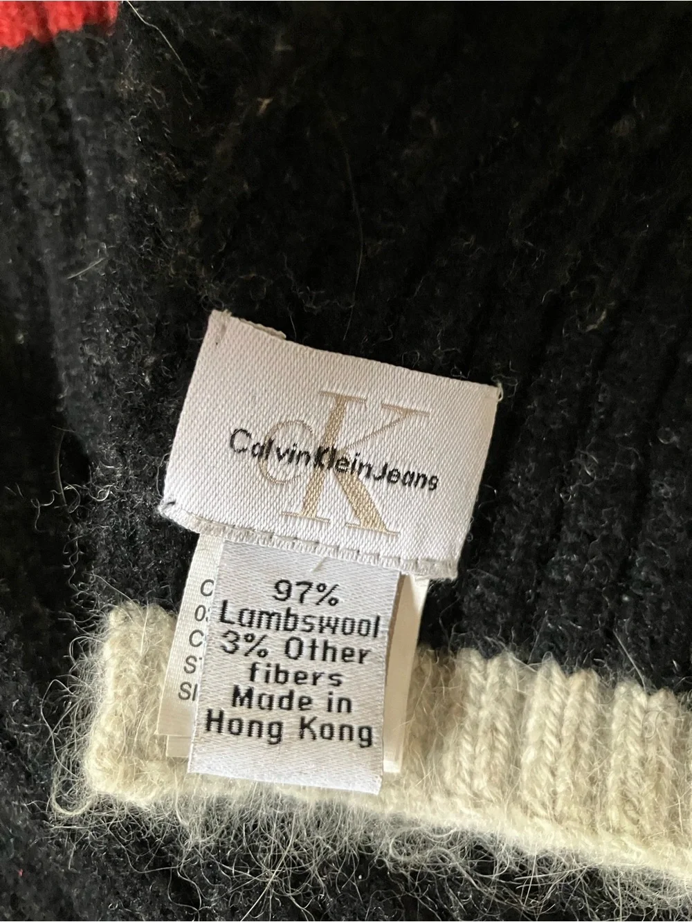 Calvin Klein Black Ribbed Scarf with Red Stripe